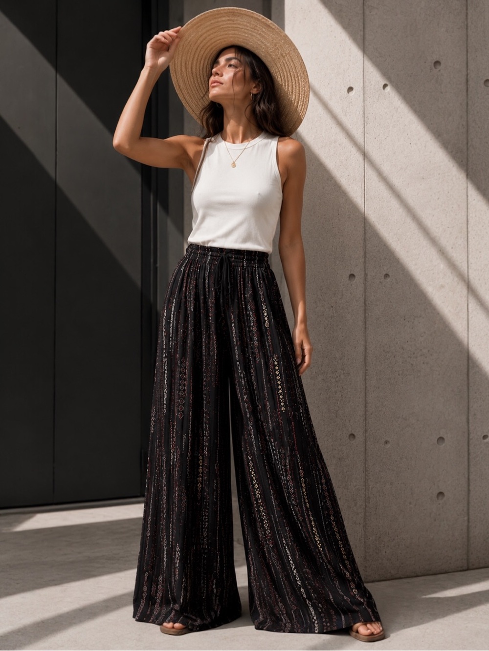 Micro Pleated Palazzo Pants | Womens Small  Minimalist Wide Leg Resort Boho Chic